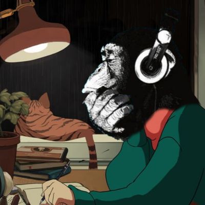 lo-fi chimpanzee screaming to study / eat bananas to